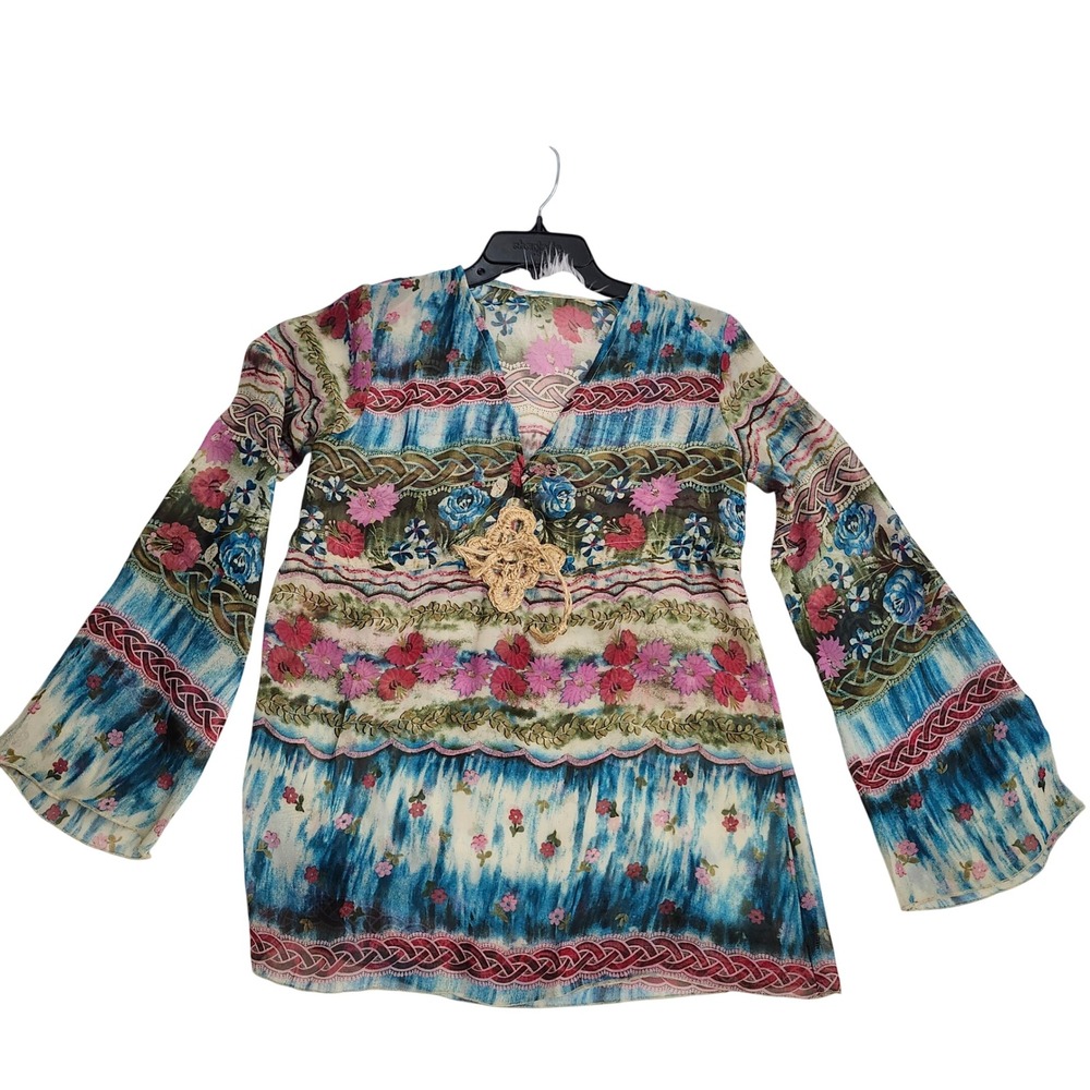 Boho Floral Mixed Print Bell Sleeve Tunic Top Blue Pink‎ V-Neck Crochet Detail